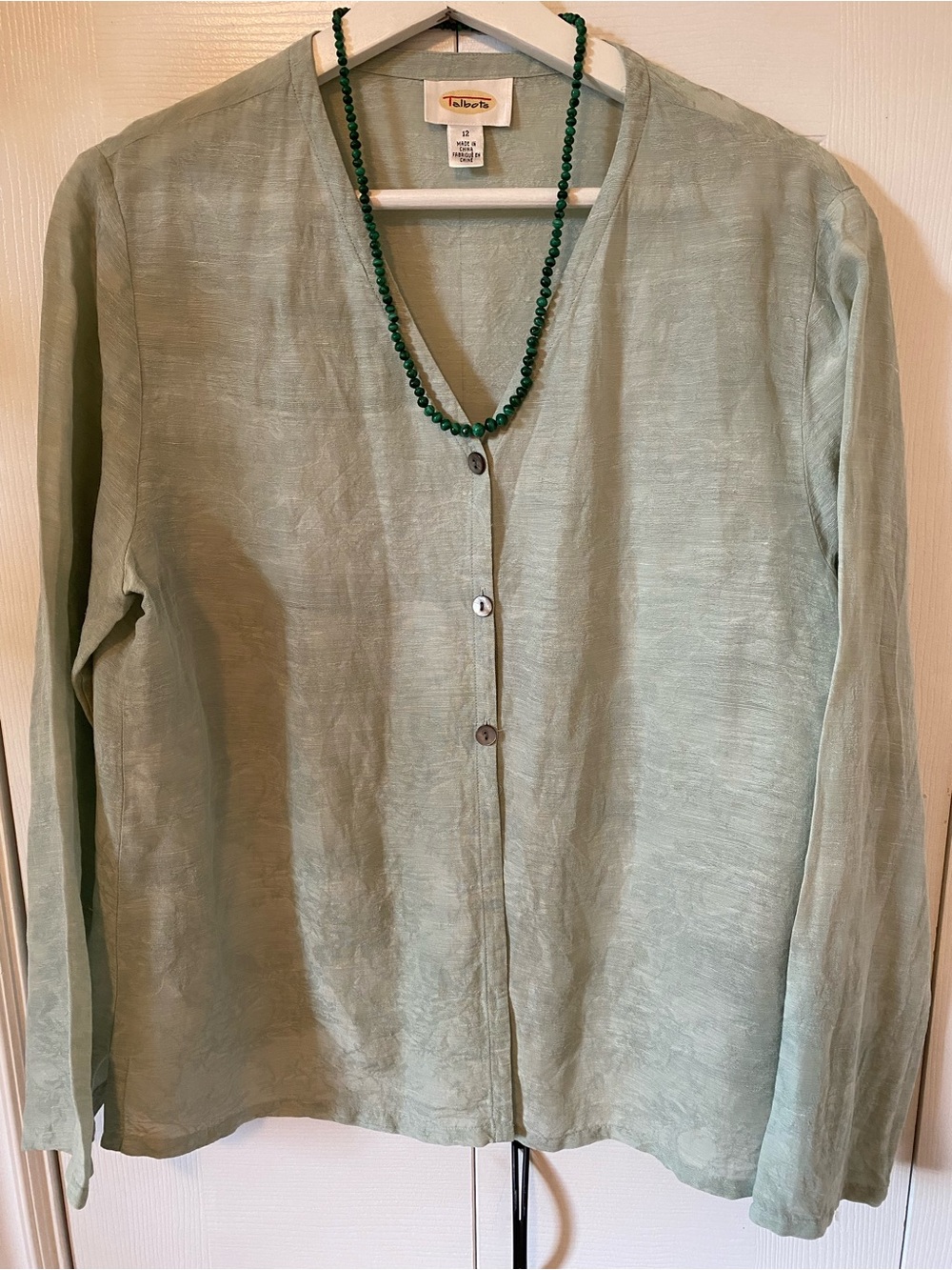 Talbots Silk Linen V neck button front overblouse Sage green tunic style Size 12